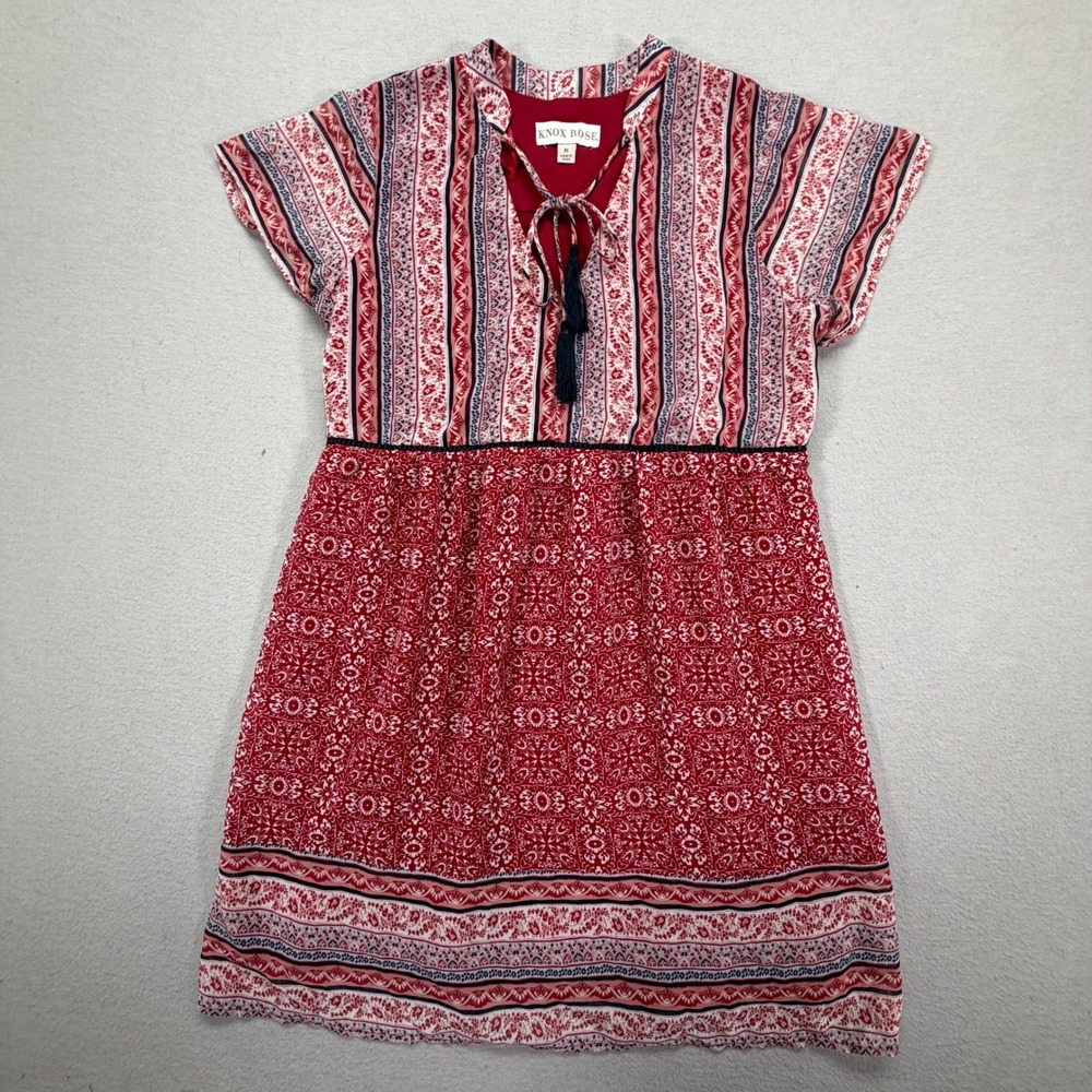 Knox Rose Women Dress Regular Red Mixed Print Boho Tassel Neck Size M